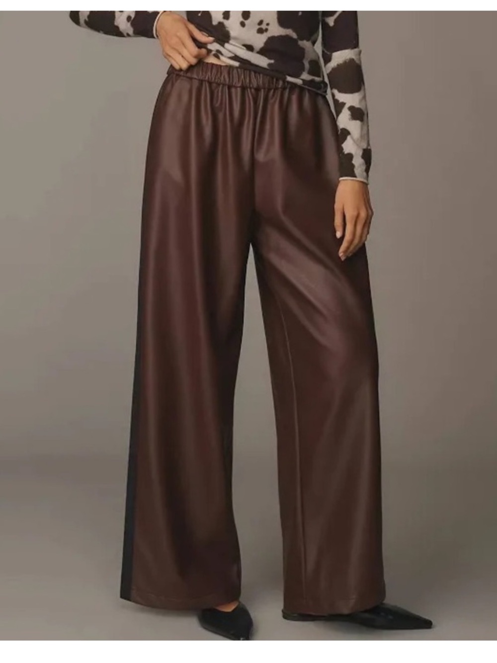 Maeve Wide-Leg Faux Leather Pants in Brown with black track stripe
